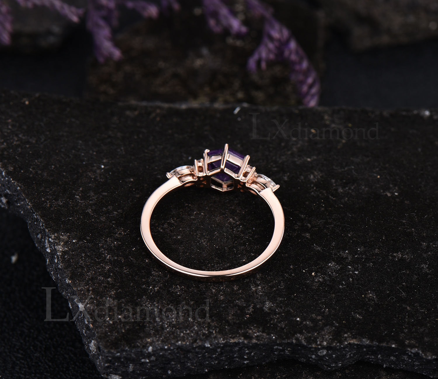 Hexagon Cut Purple Amethyst Ring Vintage Unique Amethyst