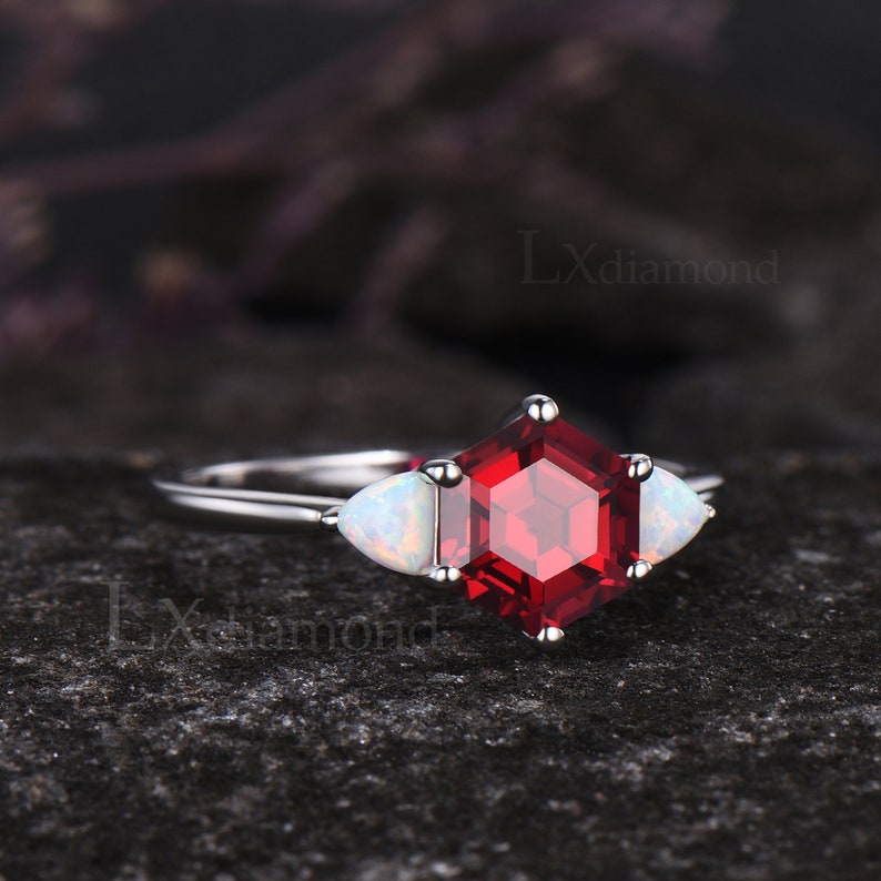 Vintage Hexagon Cut Ruby Engagement Ring Unique July Birthstone Red ...