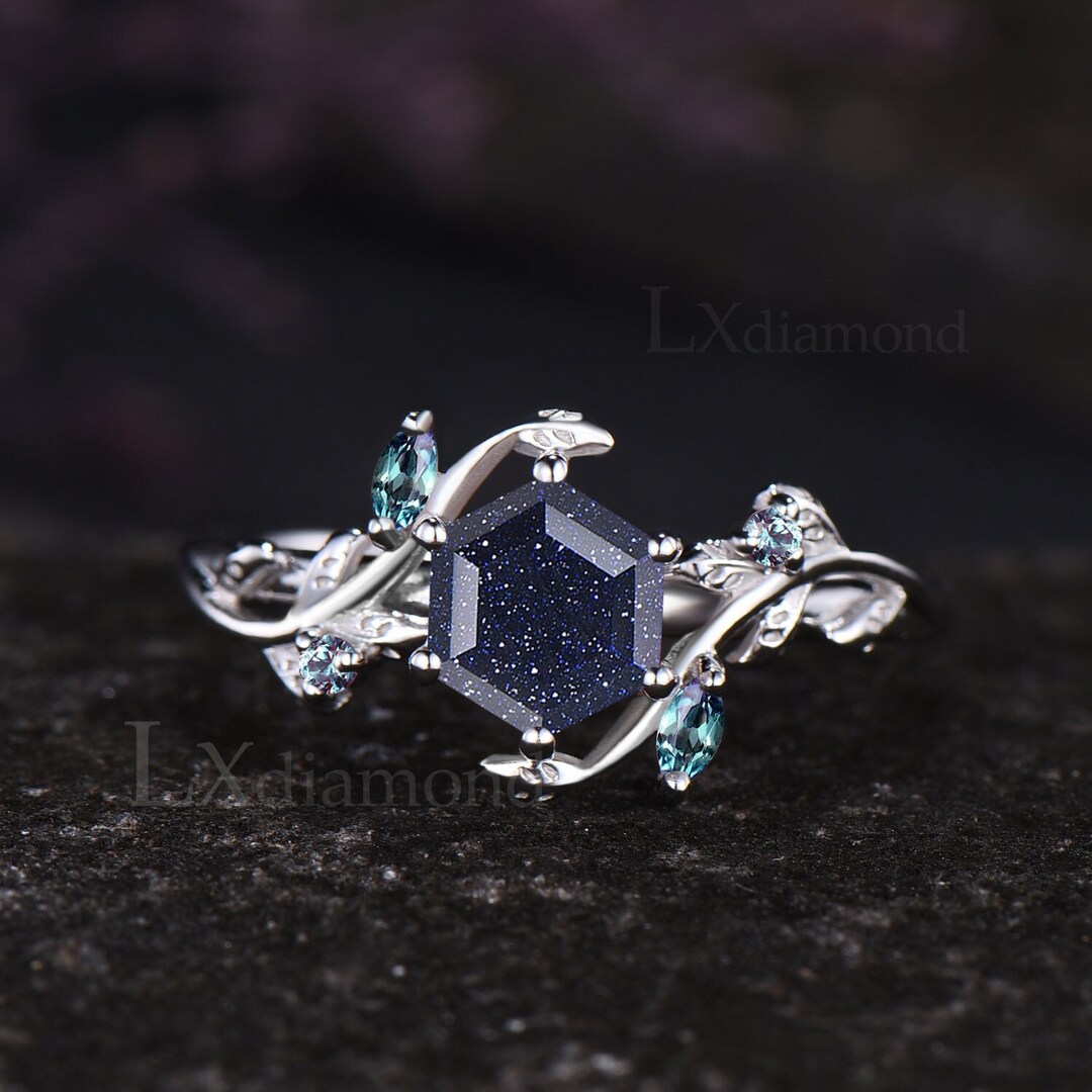 Hexagon Cut Galaxy Blue Sandstone Engagement Ring Unique Leaf Vine