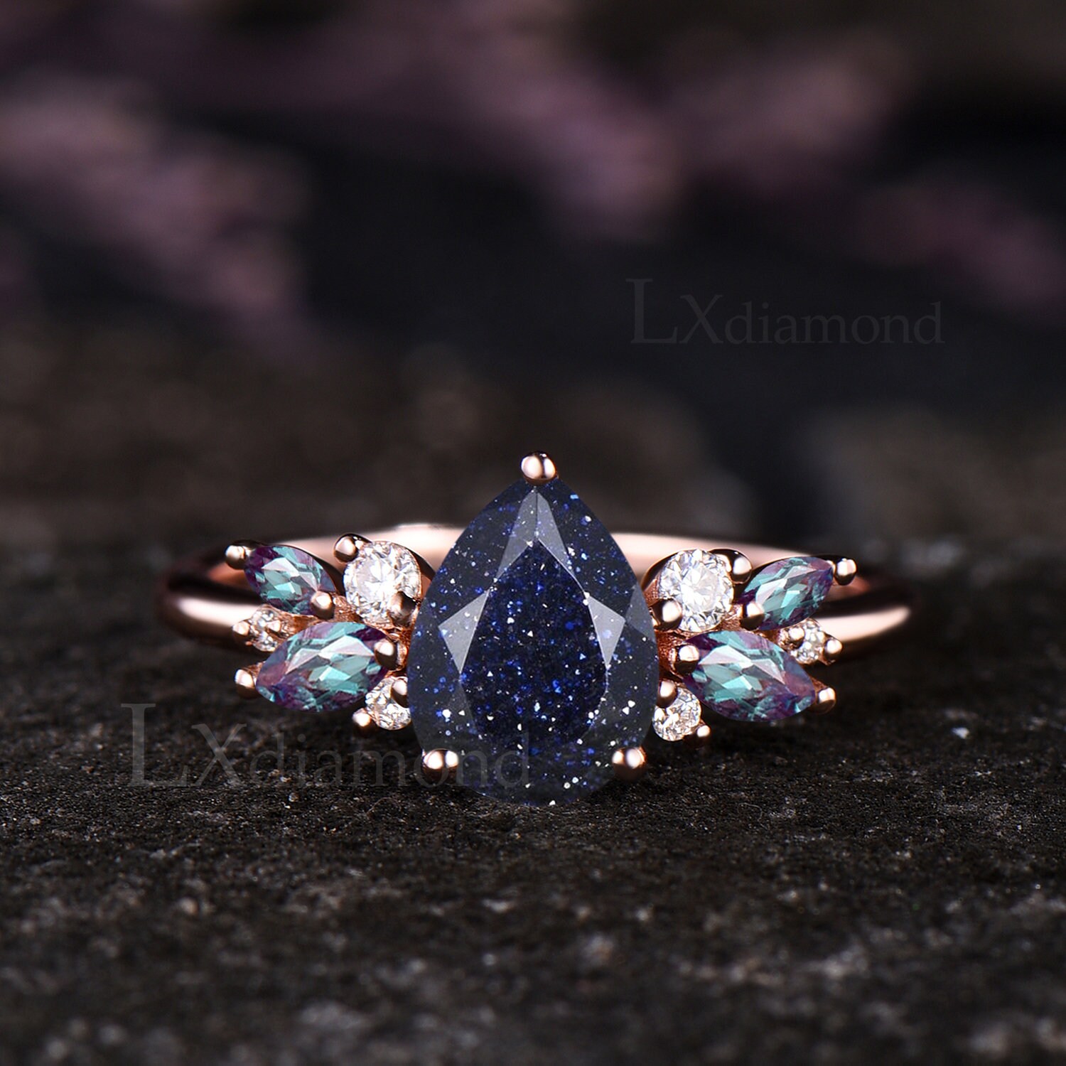 【まとめ買い】 Sandstone Blue Galaxy Teardrop Unique Engagement Set Ring アクセサリー