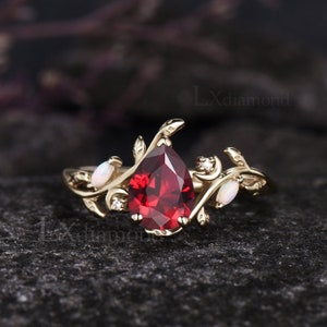 Unique Leaf Vine Twig Branch Nature Inspired Ring Set Art Deco Pear Cut Ruby Engagement Ring Set 14k Rose Gold Opal Moon Wedding Ring Women image 9