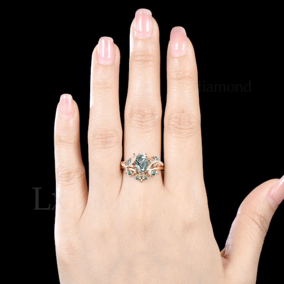 Oval Cut Natural Green Moss Agate Engagement Ring Set Unique