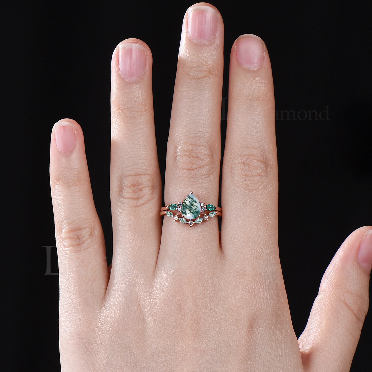 モスアゲートエンゲージリングセット ユニークなアレキサンドライト