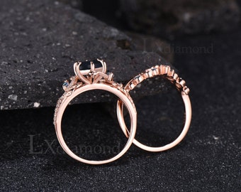 Galaxy Hexagon Cut Blue Sandstone Engagement Ring Set Unique Leaf