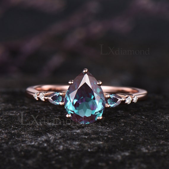 Unique Teardrop Alexandrite Engagement Ring Set Milgrain June