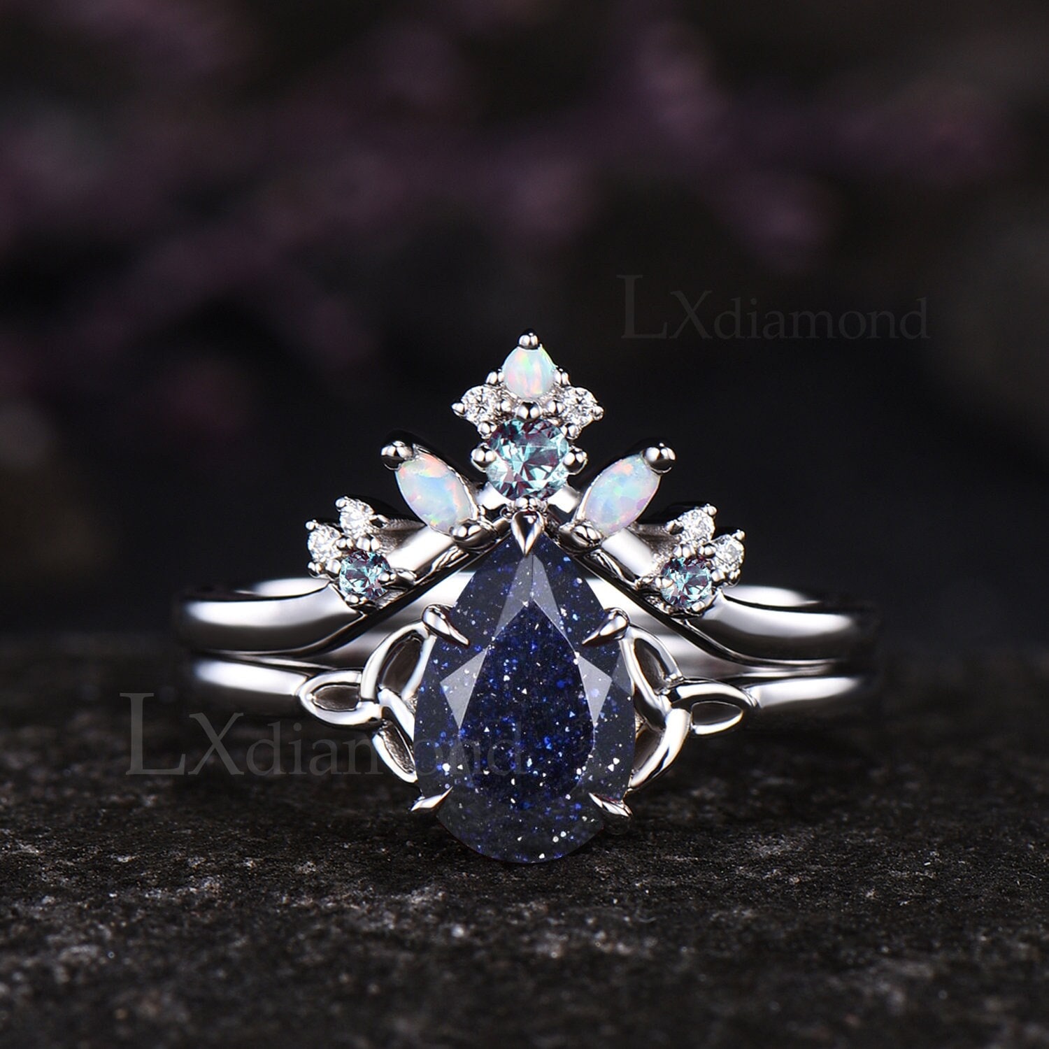 Pear Cut Galaxy Blue Sandstone Engagement Ring Set Unique 14k