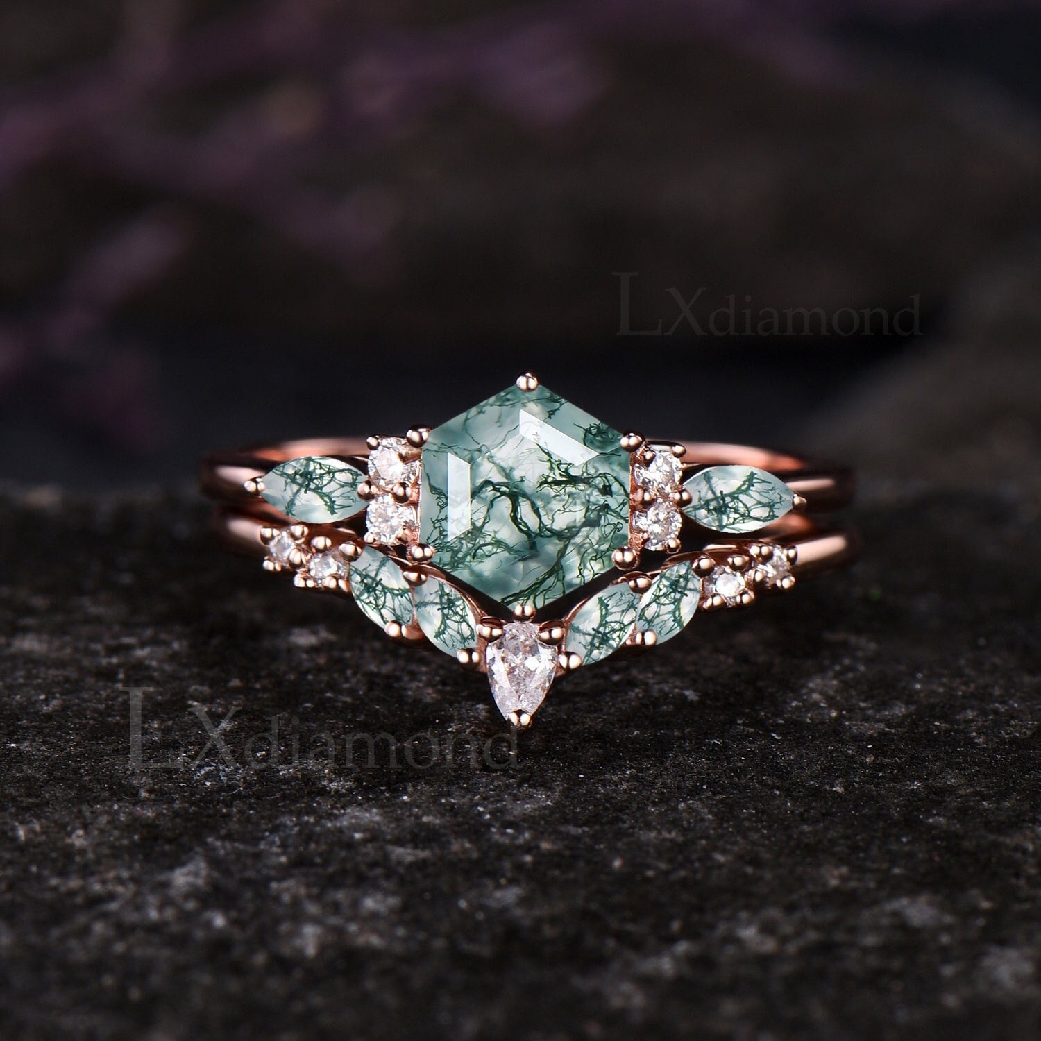 Hexagon Cut Natural Moss Agate Engagement Ring Set Unique 14k Rose Gold Green Agate Wedding Ring Vintage Moissanite 2pcs Bridal Ring Set