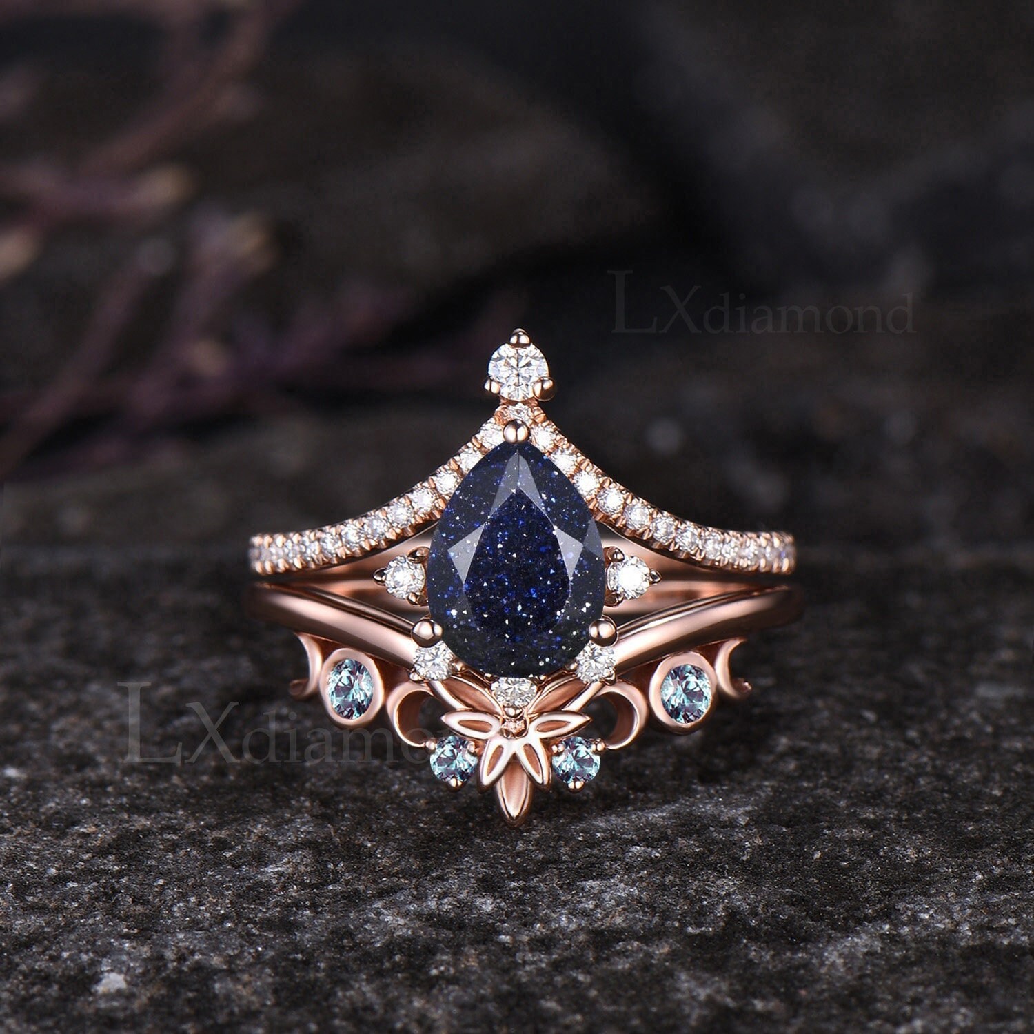 Galaxy Pear Cut Blue Sandstone Engagement Ring Set Unique