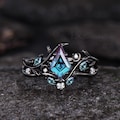 Kite Cut Alexandrite Engagement Ring Set Unique Leaf Vine Twig Branch Nature Inspired Ring Moon Ring June Birthstone 2pcs Bridal Ring Set