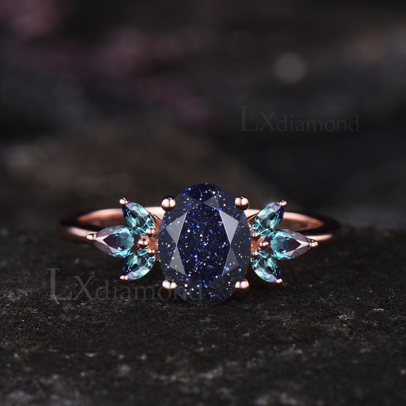 Unique Galaxy Healing Oval Blue Sandstone Engagement Wedding Ring
