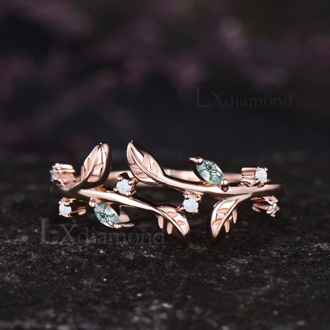 Unique Leaf Nature Inspired Wedding Ring Art Deco Marquise Cut Natural ...