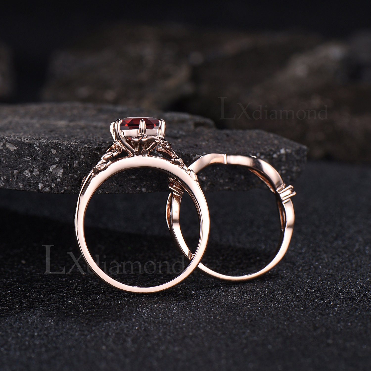 Unique Leaf Nature Inspired Ring Vintage Hexagon Ruby