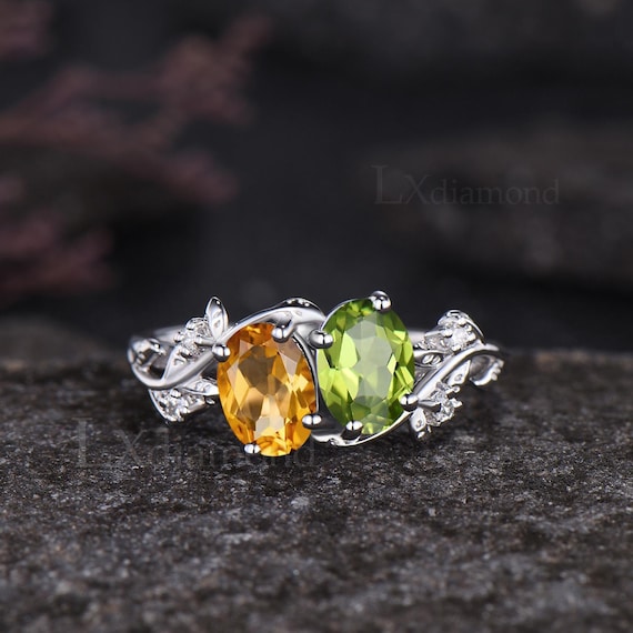 Double Oval Citrine Peridot Engagement Ring White Gold Leaf 6