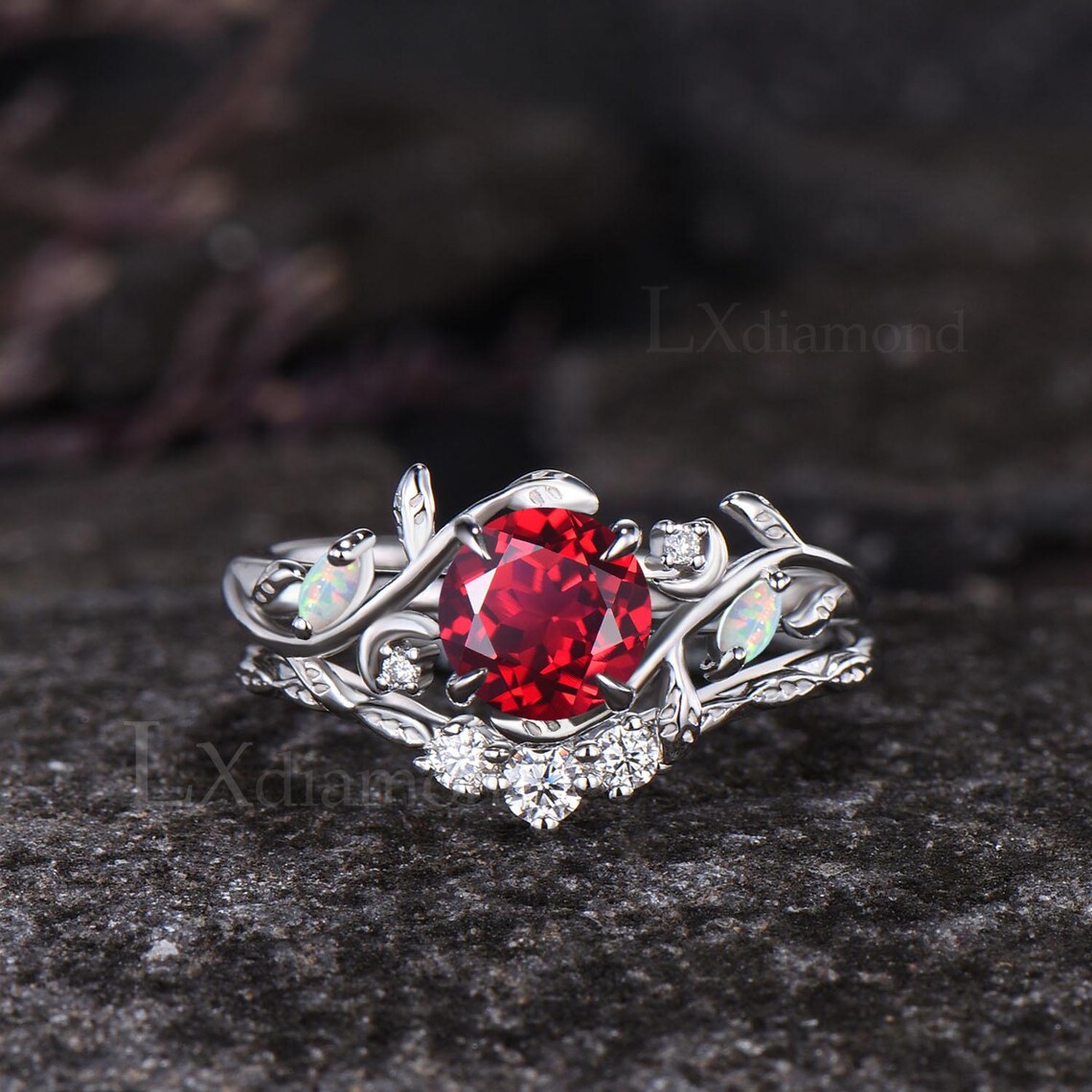 Dainty Round Cut Ruby Engagement Ring Set Unique Leaf Moon Nature ...