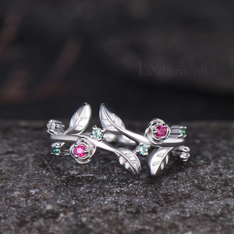 Nature Inspired Round Ruby and Emerald Leaf Flower Branch Bypass ...