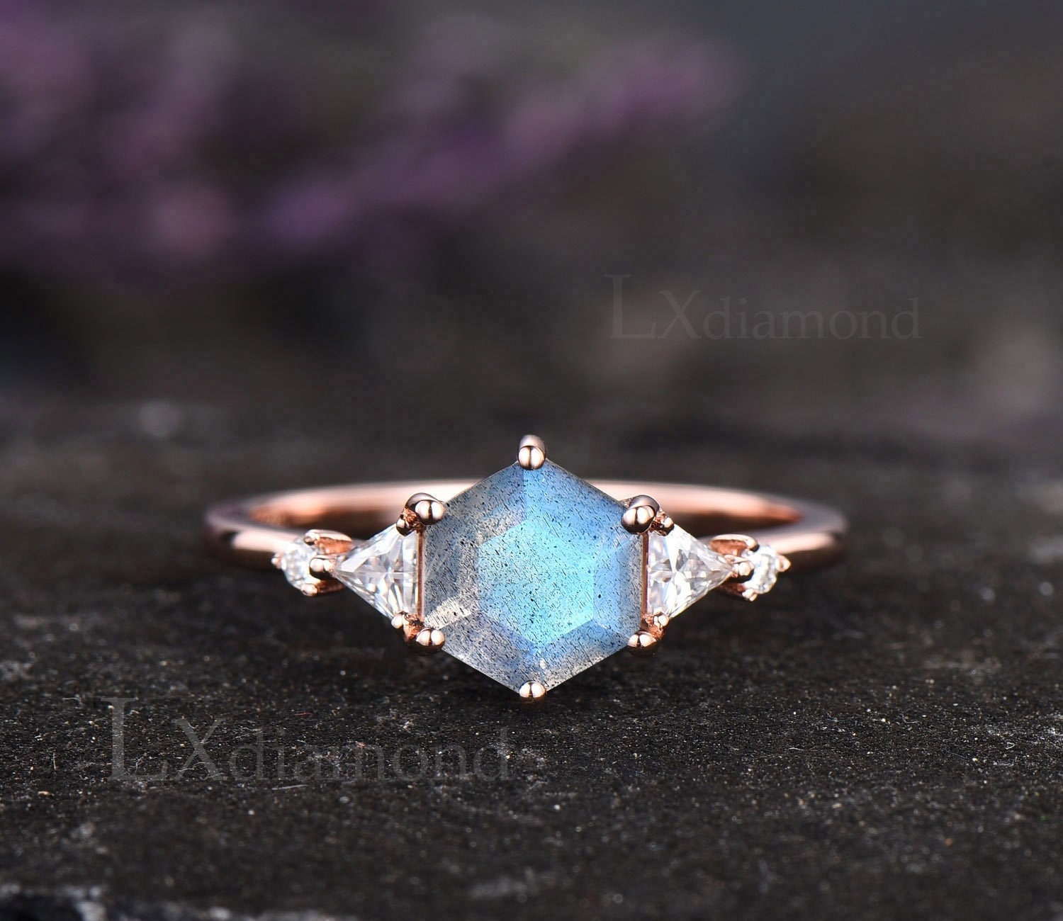 Labradorite Ring Gold Silver Hexagon Cut Blue Labradorite