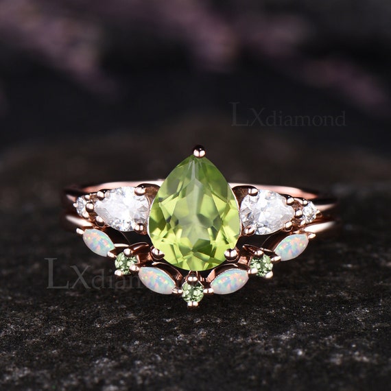 Pear Cut Natural Peridot Engagement Ring Set Vintage Opal August