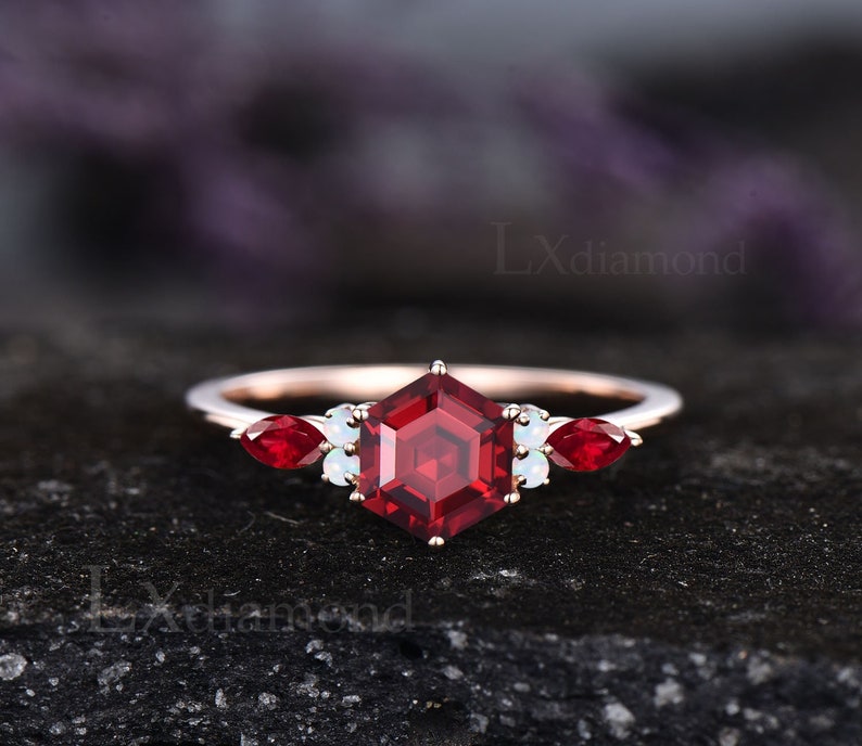 Vintage Hexagon Cut Ruby Engagement Ring July Birthstone Red Gemstone ...