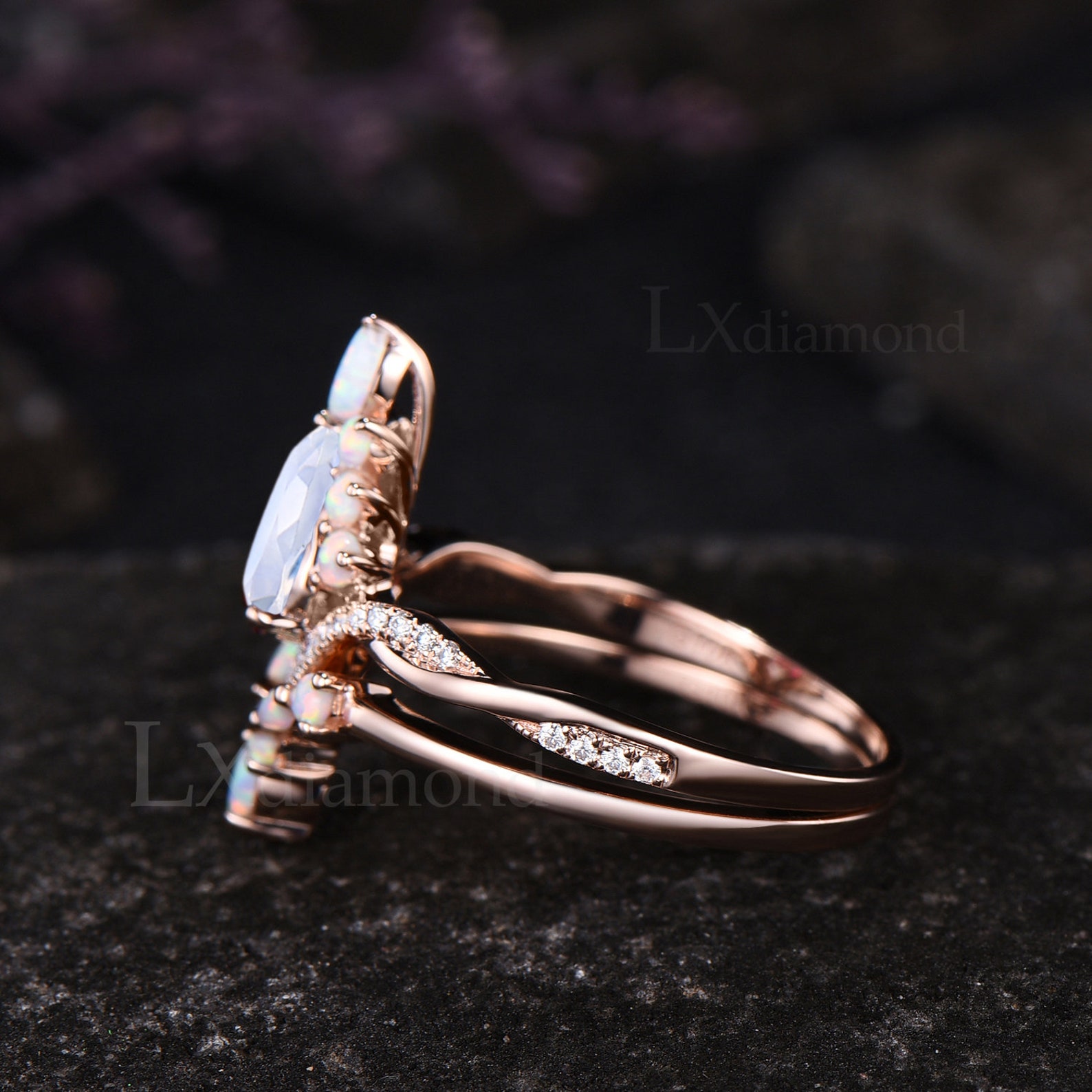 Pear Cut Moonstone Engagement Ring Set White Opal Moissanite Twisted ...