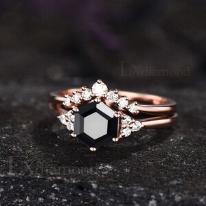 Black Onyx ring rose gold sterling silver vintage Hexagon cut black onyx engagement ring set 6 prong moissanite ring bridal ring set women image 4