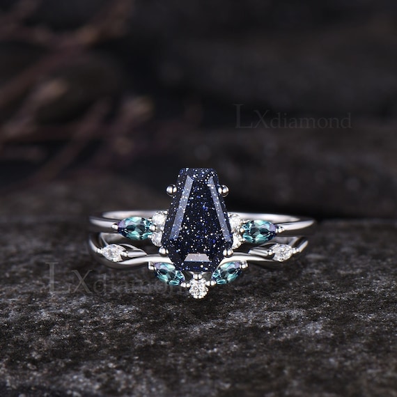 Unique Galaxy Coffin Cut Blue Sandstone Engagement Ring Set