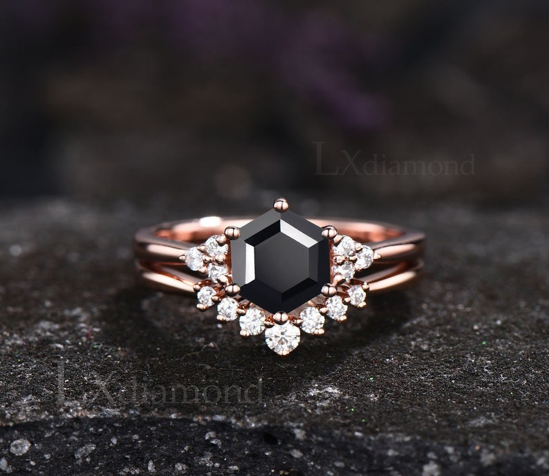 Black Onyx ring rose gold sterling silver vintage Hexagon cut black onyx engagement ring set 6 prong moissanite ring bridal ring set women image 1