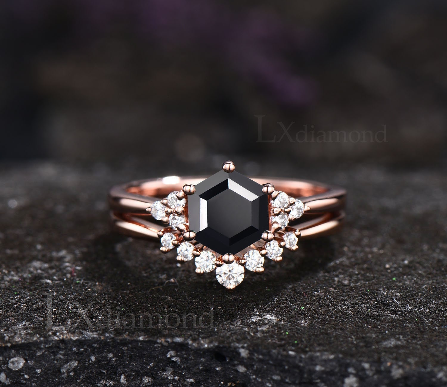 Hexagon black diamond engagement ring best sale