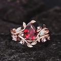 Unique Leaf Vine Twig Branch Nature Inspired Ring Set Art Deco Pear Cut Ruby Engagement Ring Set 14k Rose Gold Opal Moon Wedding Ring Women