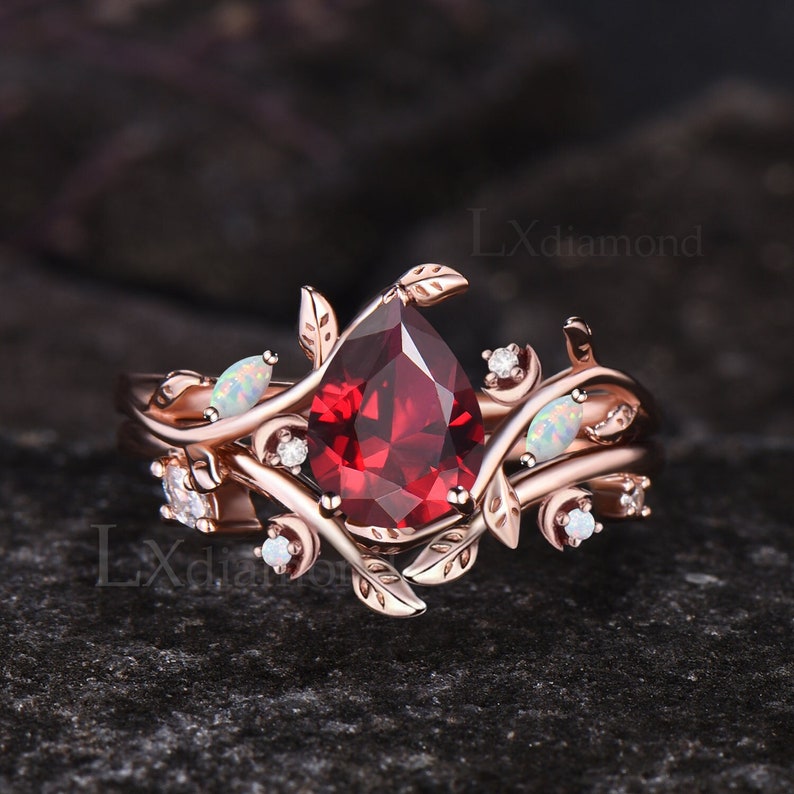 Unique Leaf Vine Twig Branch Nature Inspired Ring Set Art Deco Pear Cut Ruby Engagement Ring Set 14k Rose Gold Opal Moon Wedding Ring Women 2pcs Ring Set