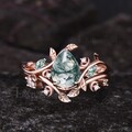 Art Deco Pear Cut Natural Green Moss Agate Engagement Ring Set Unique 14k Rose Gold Leaf Vine Twig Branch Nature Inspired Ring Moon Ring