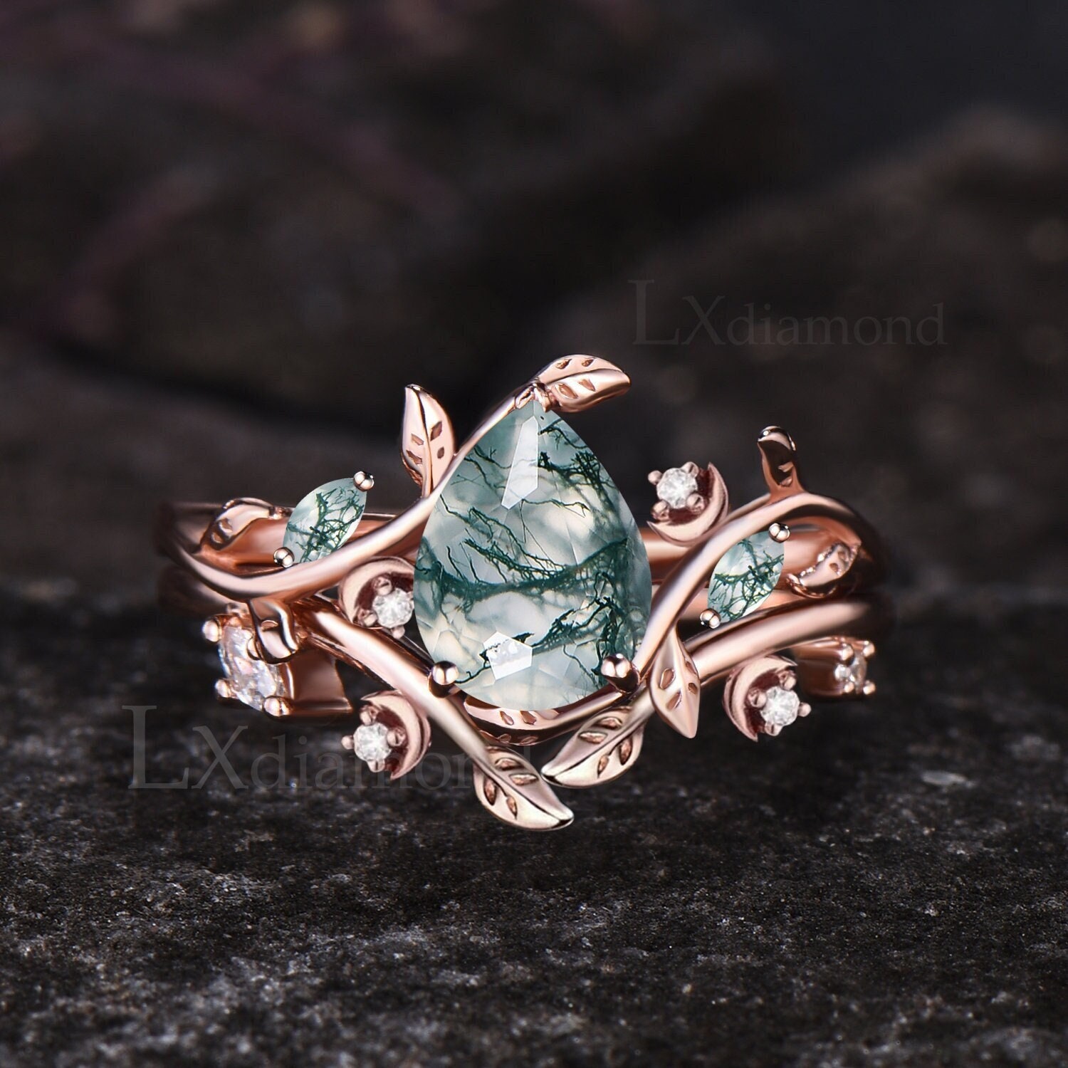 Art Deco Pear Cut Natural Green Moss Agate Engagement Ring Set Unique 14k Rose Gold Leaf Vine Twig Branch Nature Inspired Ring Moon Ring