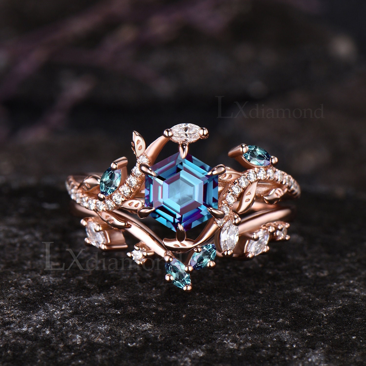 Vintage June Birthstone Hexagon Cut Alexandrite Engagement Ring