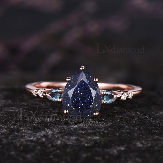 Galaxy Pear Cut Blue Sandstone Engagement Ring Set Unique June
