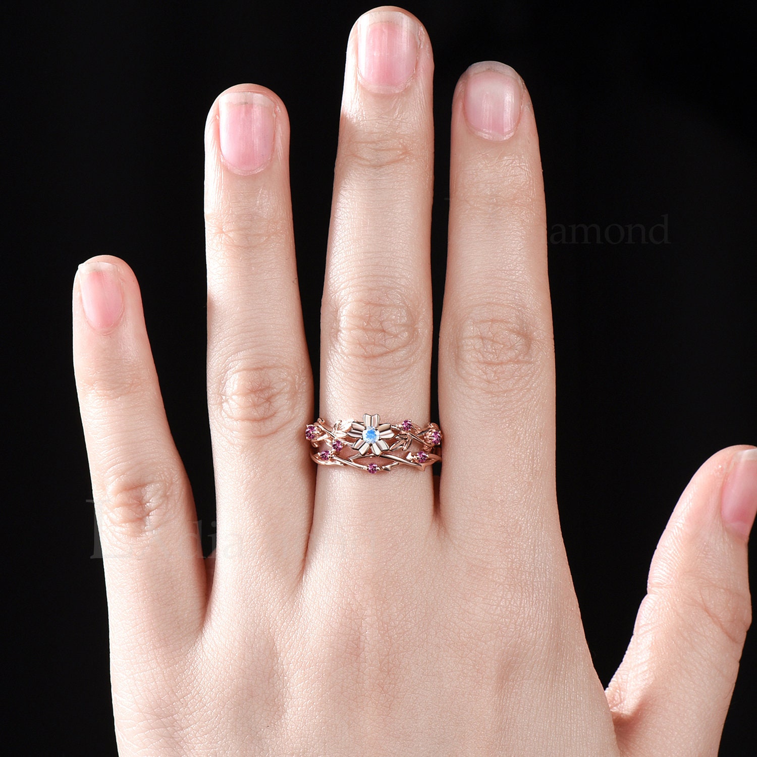 Sakura Cherry Blossom Nature Inspired Ring Round Natural Moonstone Pink ...