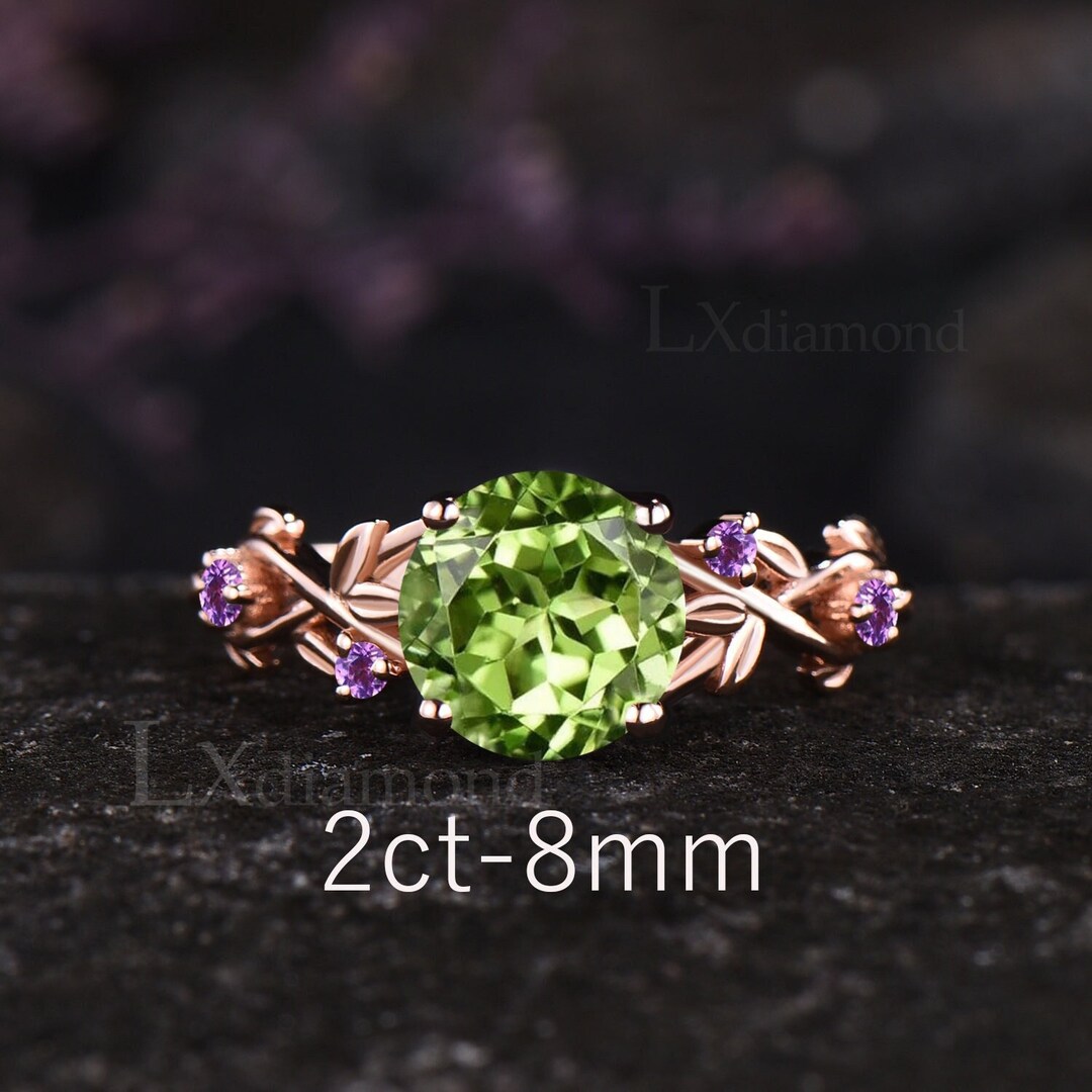 Anello In Ametista Naturale E Peridoto &ndash; Argentato &ndash; Pietra Rotonda Taglie 6-10 &ndash; Regalo Vacanze