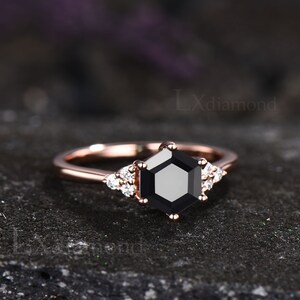 Black Onyx ring rose gold sterling silver vintage Hexagon cut black onyx engagement ring set 6 prong moissanite ring bridal ring set women image 5