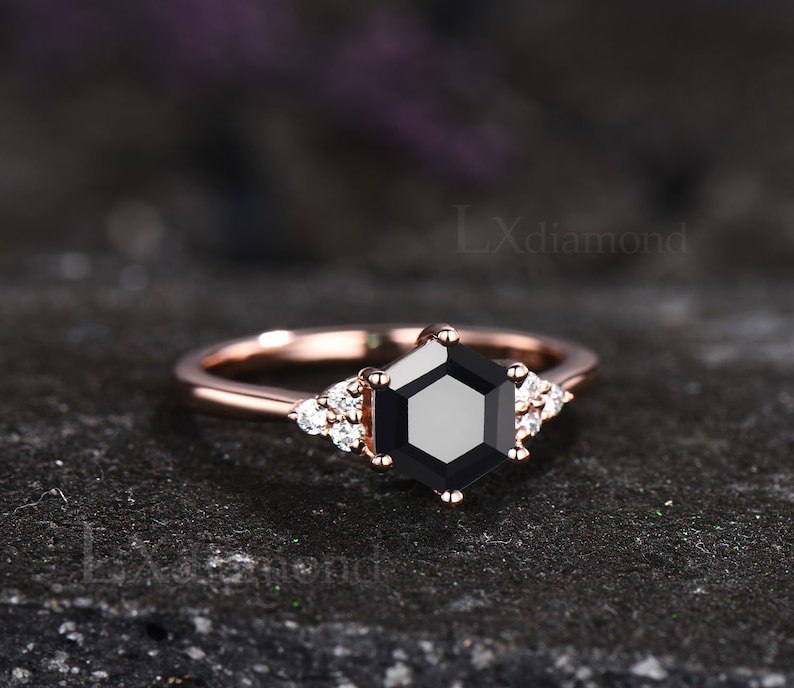 Black Onyx ring rose gold sterling silver vintage Hexagon cut black onyx engagement ring set 6 prong moissanite ring bridal ring set women image 5