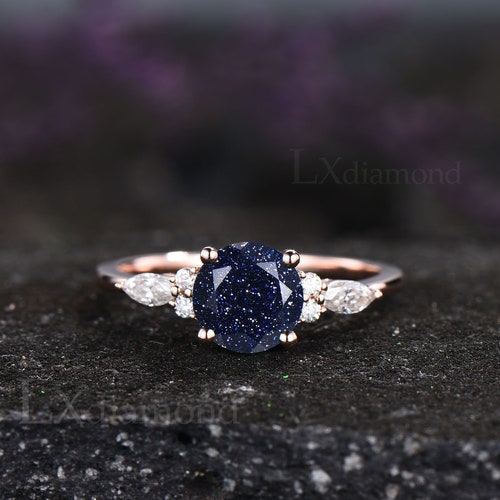 Round blue shops sandstone ring set blue sandstone engagement ring set sterling silver ring marquise cut ring stacking ring set Anniversary ring