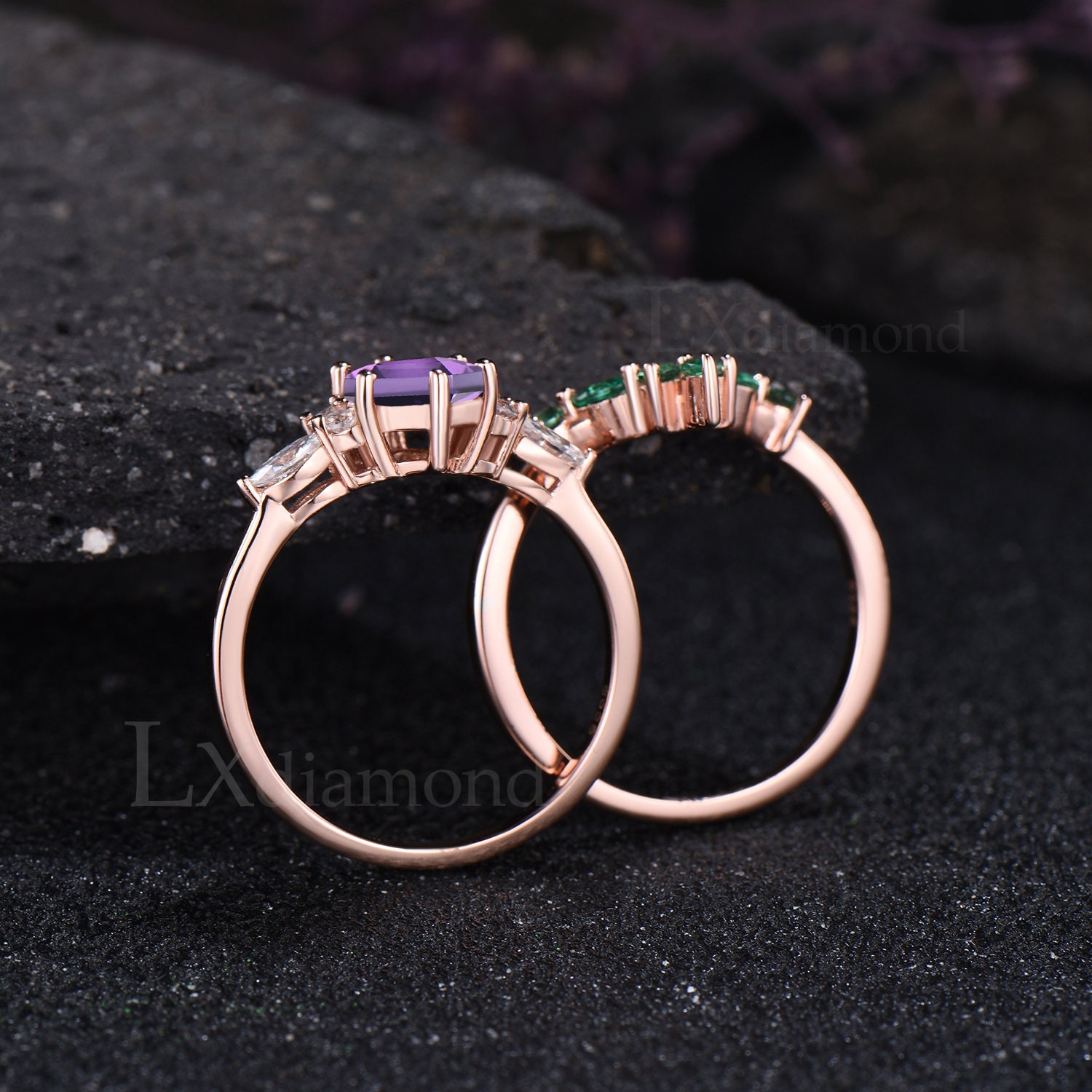 Vintage Long Hexagon Cut Natural Amethyst Engagement Ring
