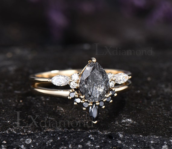 Vintage Pear Shaped Black Rutilated Quartz Engagement Ring Set 14k Gold Unique Engagement Ring Black Diamond Ring Set Wedding Ring Set Women Etsy