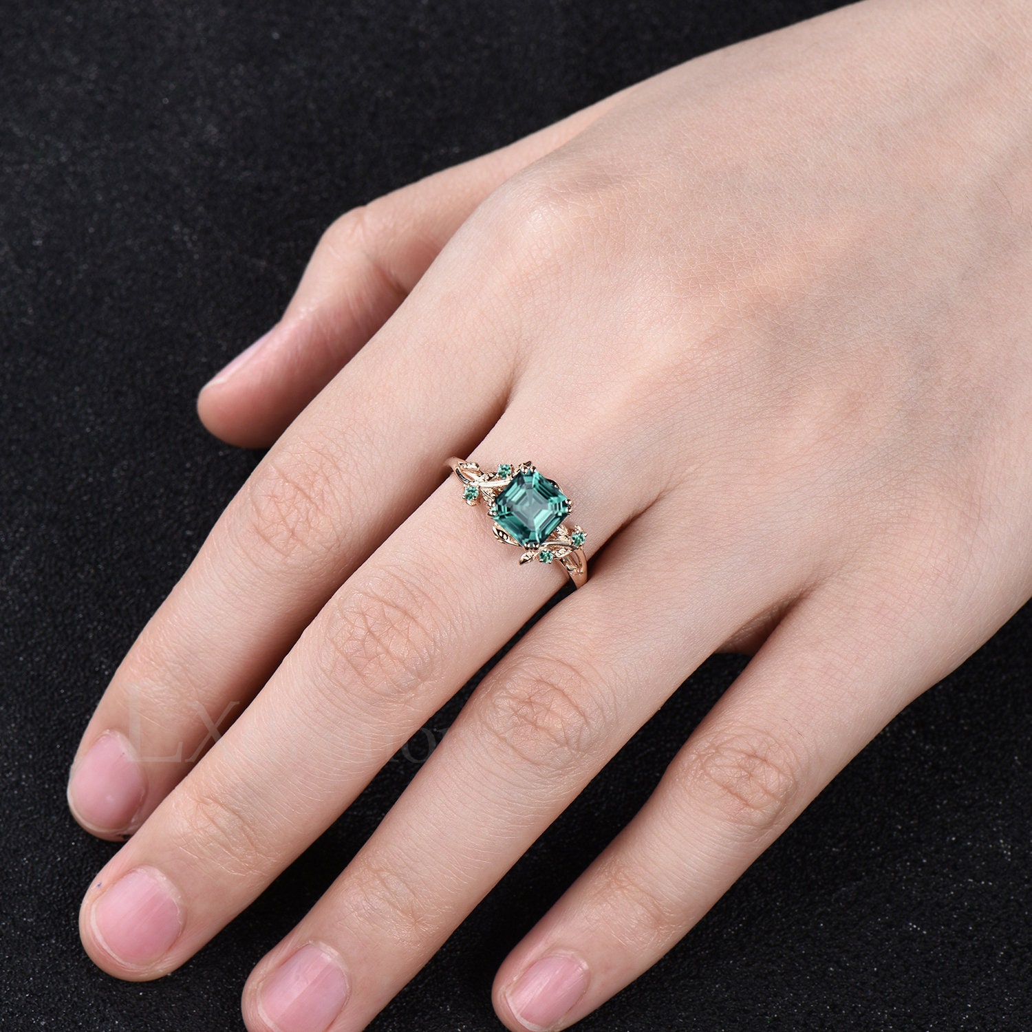 Leaf Vine Twig Branch Nature Inspired Wedding Ring Asscher Cut Green ...