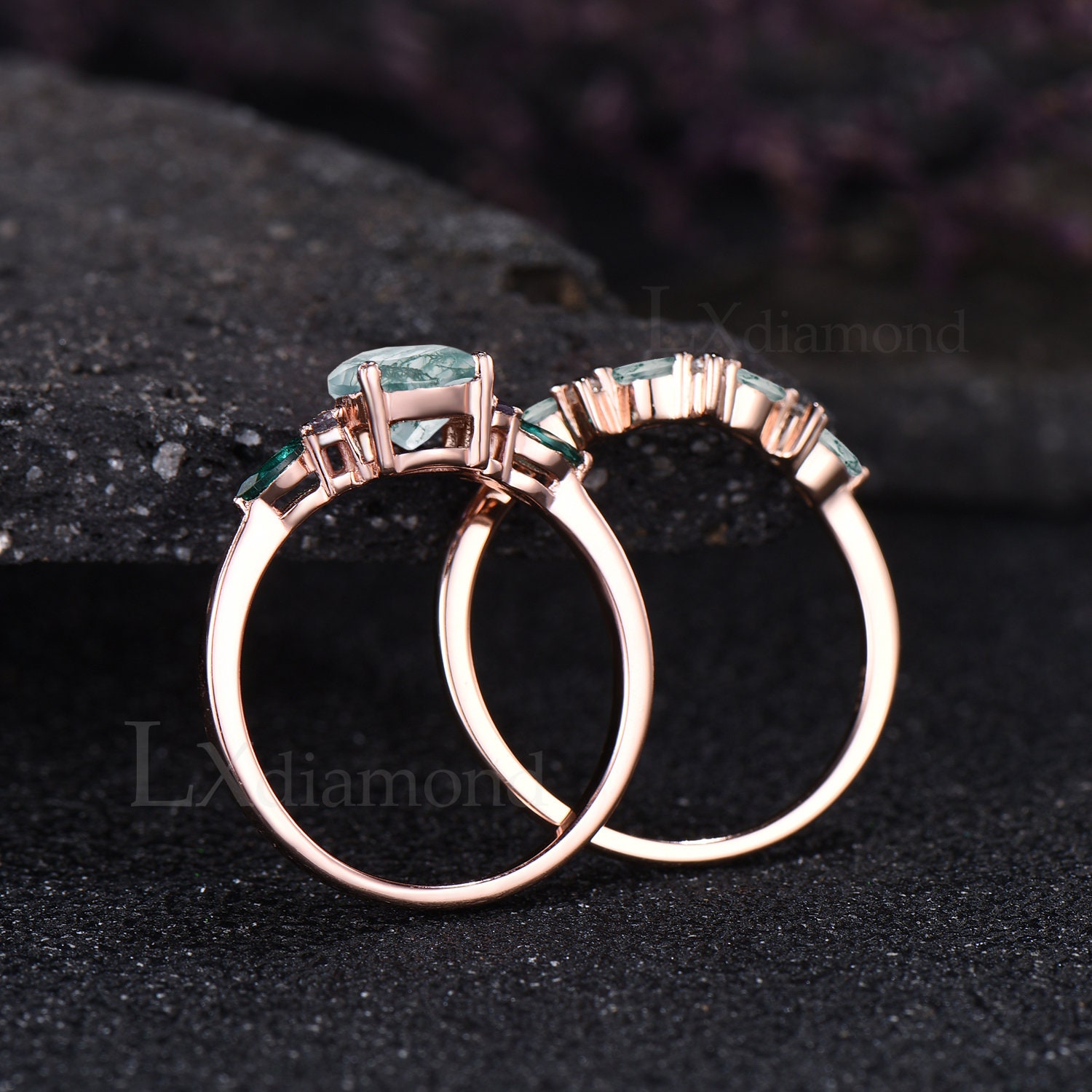 モスアゲートエンゲージリングセット ユニークなアレキサンドライト