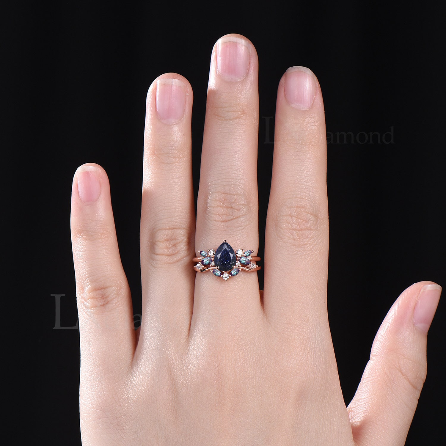 Unique Teardrop Galaxy Blue Sandstone Engagement Ring Set