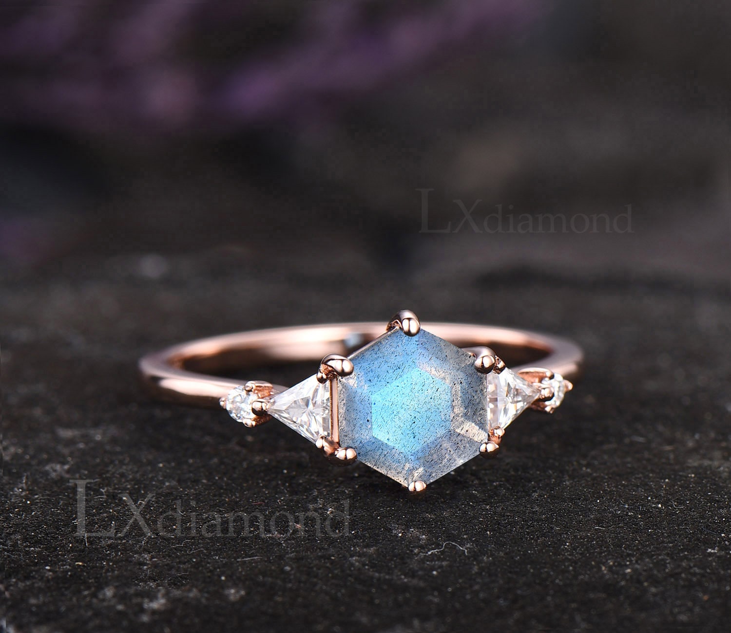 Labradorite Ring Gold Silver Hexagon Cut Blue Labradorite