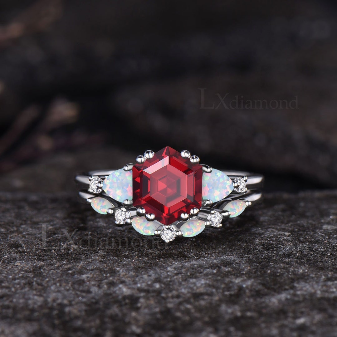 Dainty Hexagon Cut Ruby Engagement Ring Set Vintage July Birthstone Red ...
