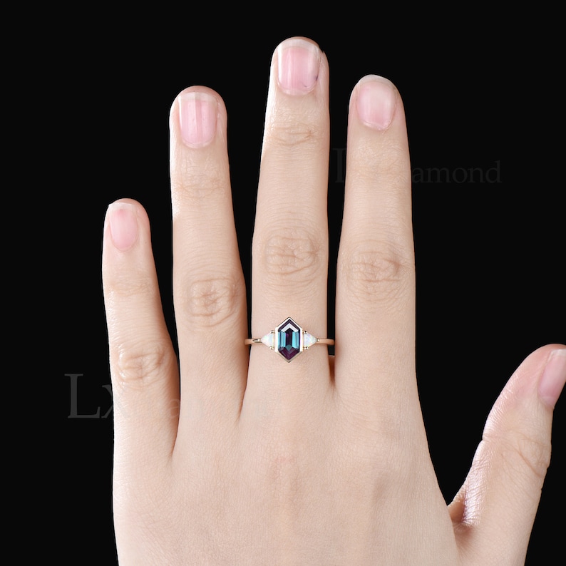 Unique Long Hexagon Cut Alexandrite Engagement Ring Art Deco October Birthstone Opal Three Stone Ring Vintage June Birthstone Bridal Ring image 7