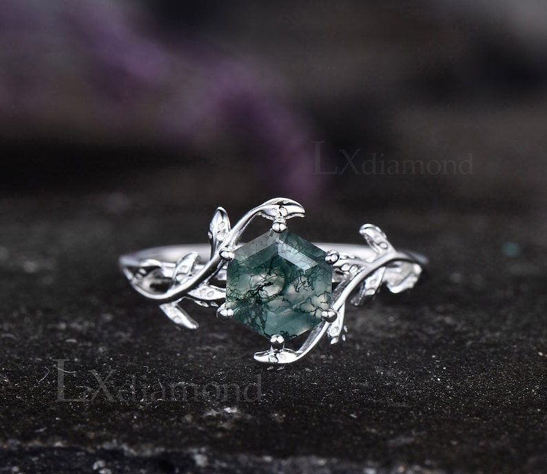 Hexagon Cut Moss Agate Ring 925 Sterling Silver Ring Moss - Etsy