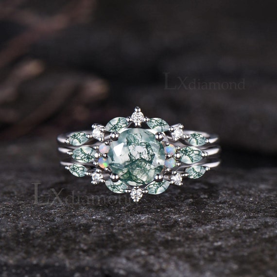 Round moss agate ring 925 sterling silver snowdrift ring moss agate offers engagement ring six prong unique promise wedding ring anniversary gifts