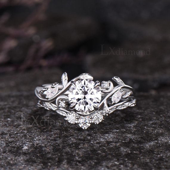 Unique Moon Leaf Nature Inspired Wedding Ring Set 1ct Round