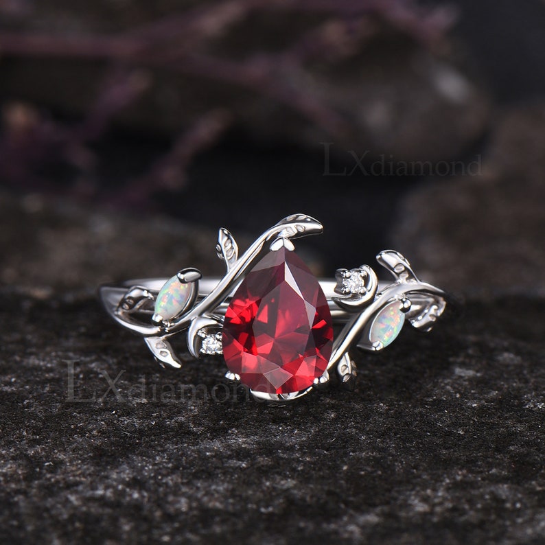 Unique Leaf Vine Twig Branch Nature Inspired Ring Set Art Deco Pear Cut Ruby Engagement Ring Set 14k Rose Gold Opal Moon Wedding Ring Women image 5